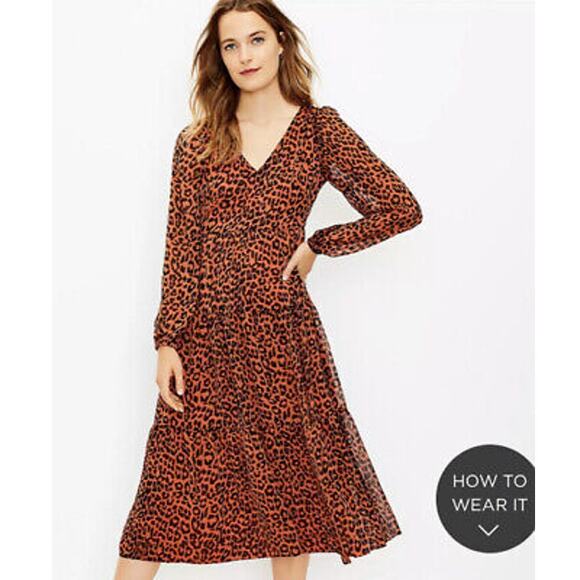 LOFT Dresses & Skirts - Loft Dress Leopard Midi Tiered V-Neck Boho Animal Long Sleeve 6 Puff Auburn